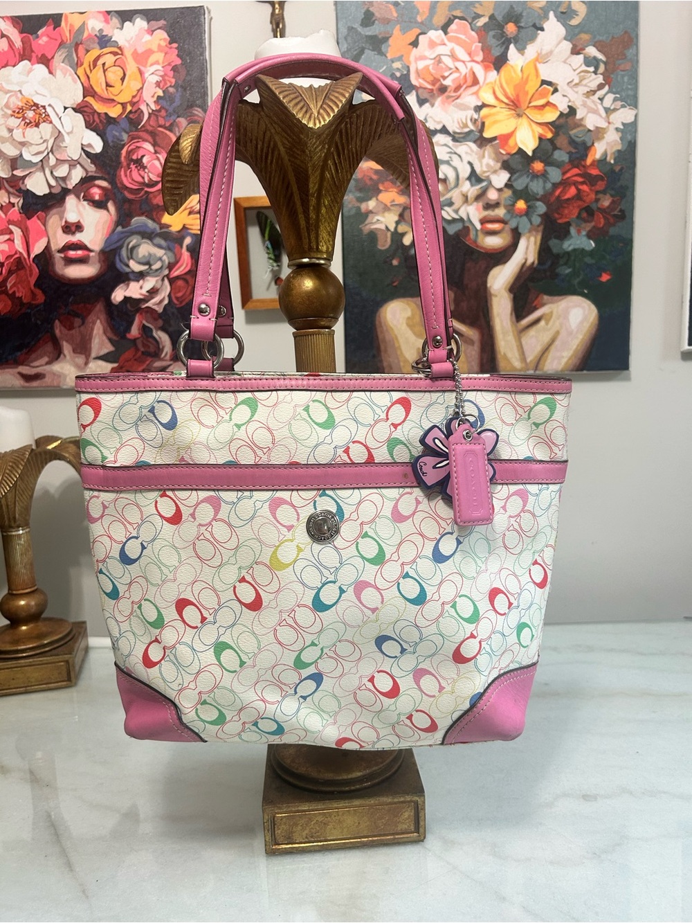 Coach Heritage Chelsea Multicolor Signature Tote Pink Flower Charm Y2K